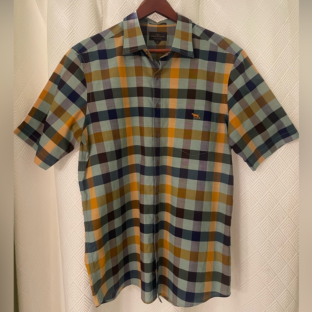 Rodd & Gunn Short-Sleeve Plaid Button-Down in Teal, Navy & Mustard Size Medium